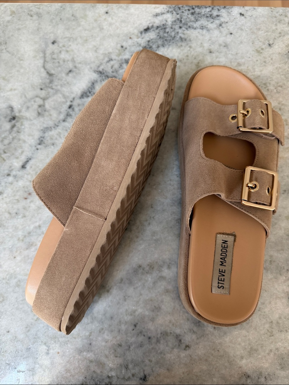 Steve Madden Women’s Taupe Suede Double-Buckle Slide Sandals - Picture 2 of 2